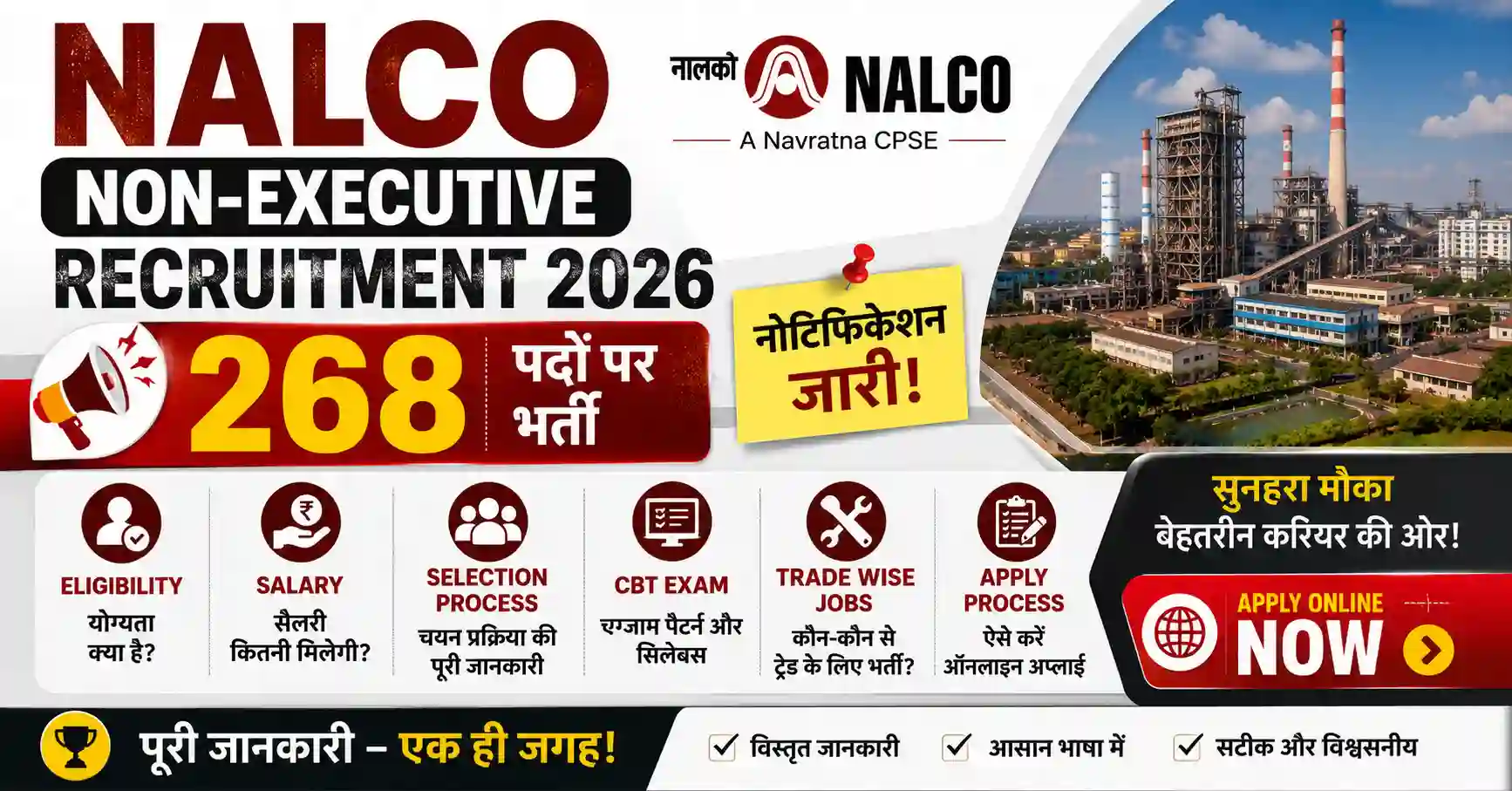 NALCO Non-Executive Recruitment 2026: 268 पदों पर भर्ती, ITI और Diploma उम्मीदवार करें Apply