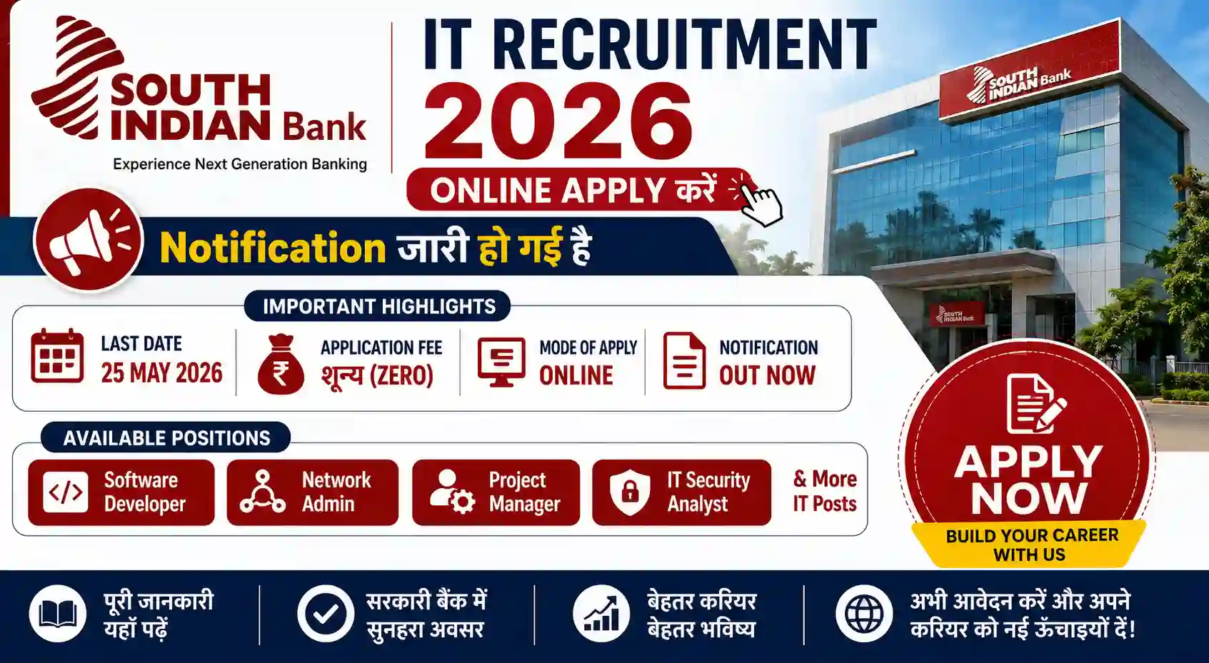 South Indian Bank IT Recruitment 2026: विभिन्न Technical Posts के लिए Notification जारी, आज ही Apply करें